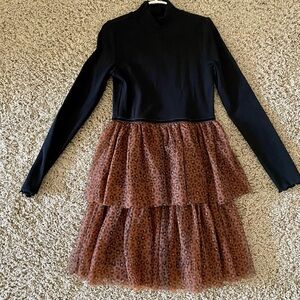 Janie and Jack Girls Black Ribbed with Brown Leopard Tulle Skirt Party Dress